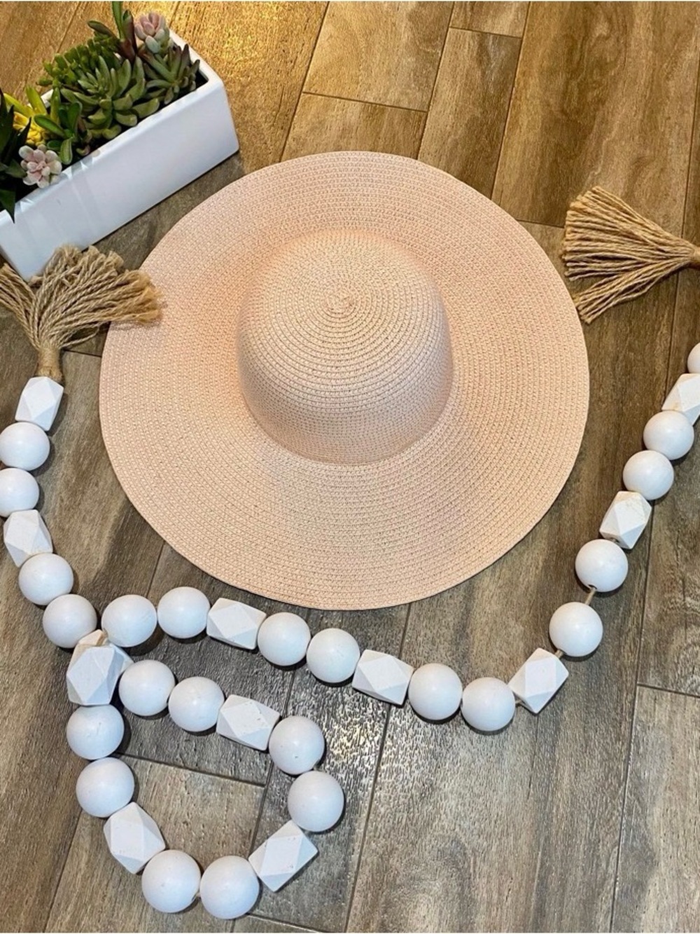Wide Brim Straw Beach Hat - Light Pink